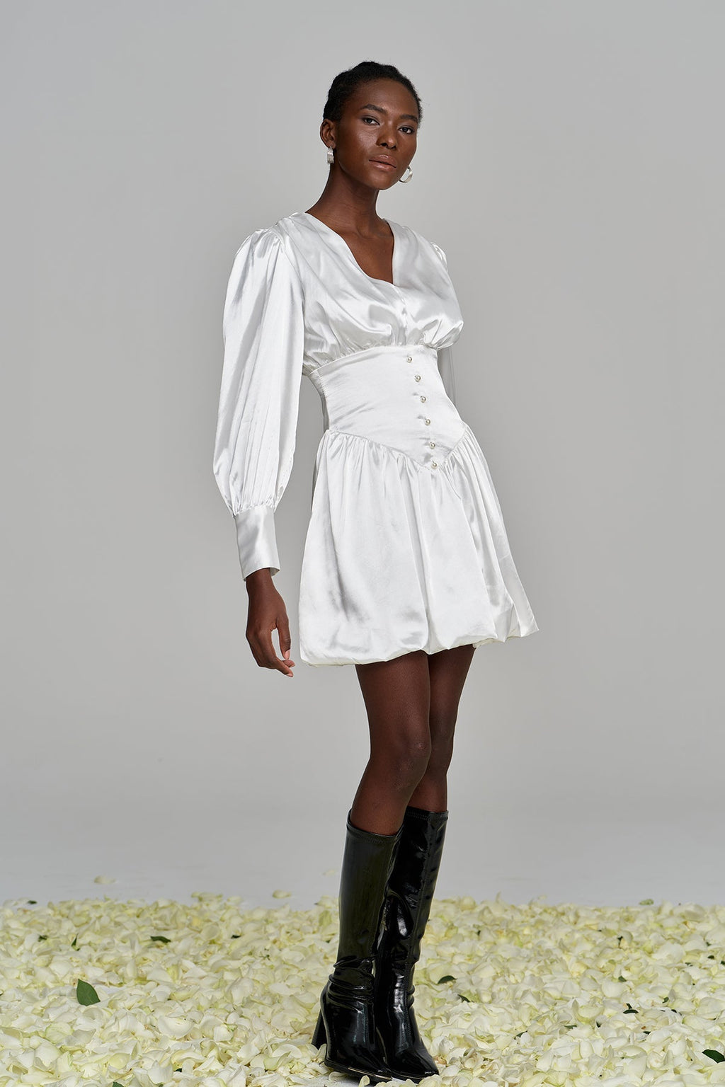 Amita V Neck Ruch Satin Mini Dress