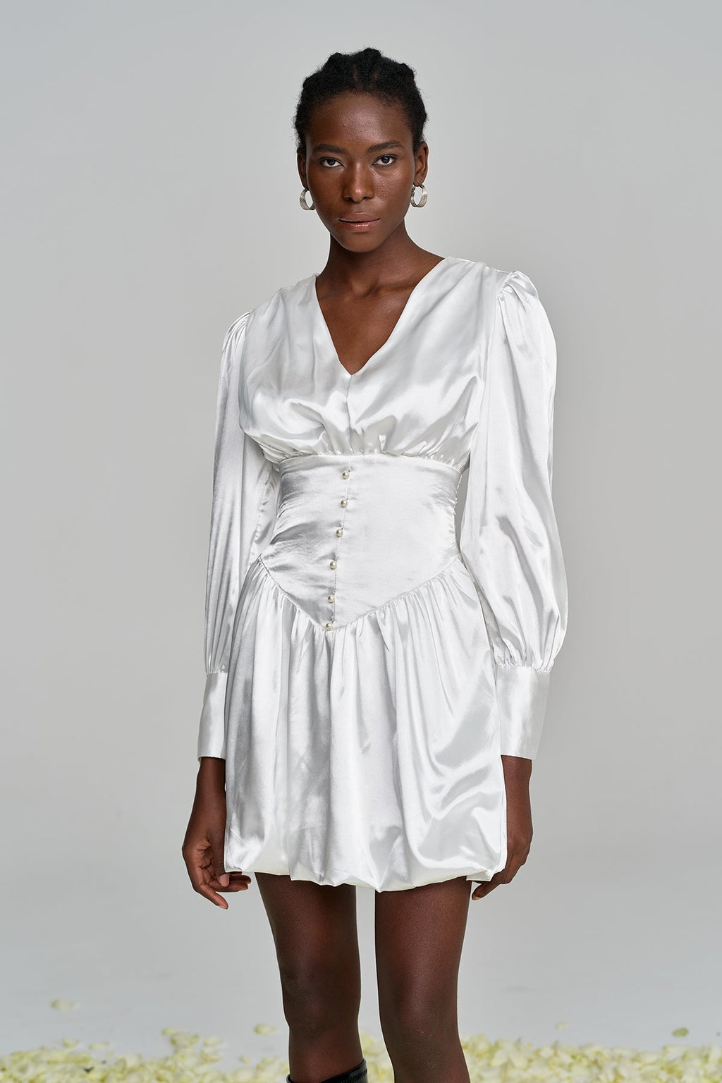 Amita V Neck Ruch Satin Mini Dress