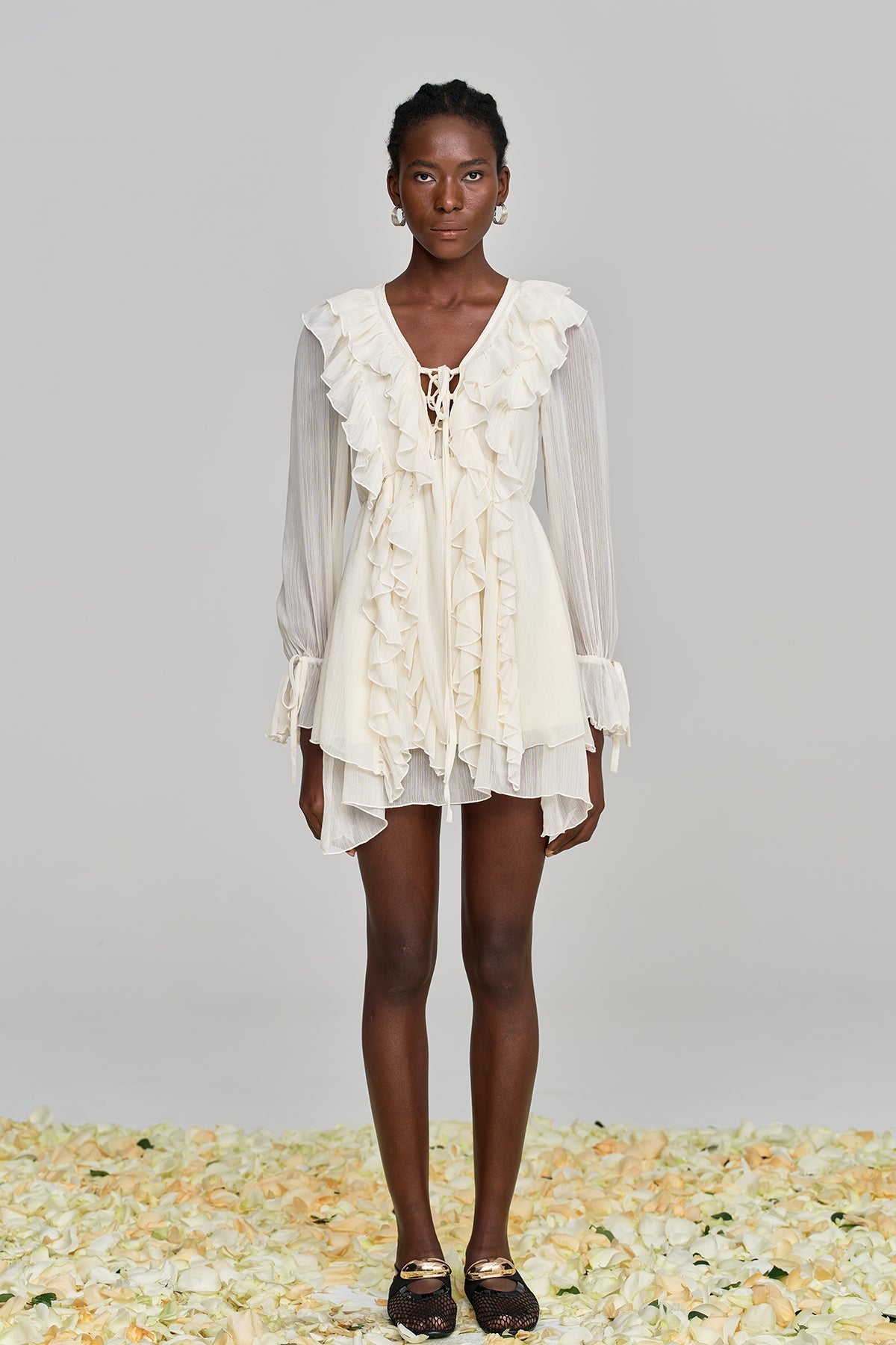 Amitabh Ruffle Lace Up Mesh Mini Dress