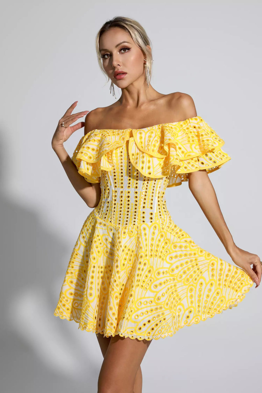 Amora Yellow Cutout Ruffle Mini Dress