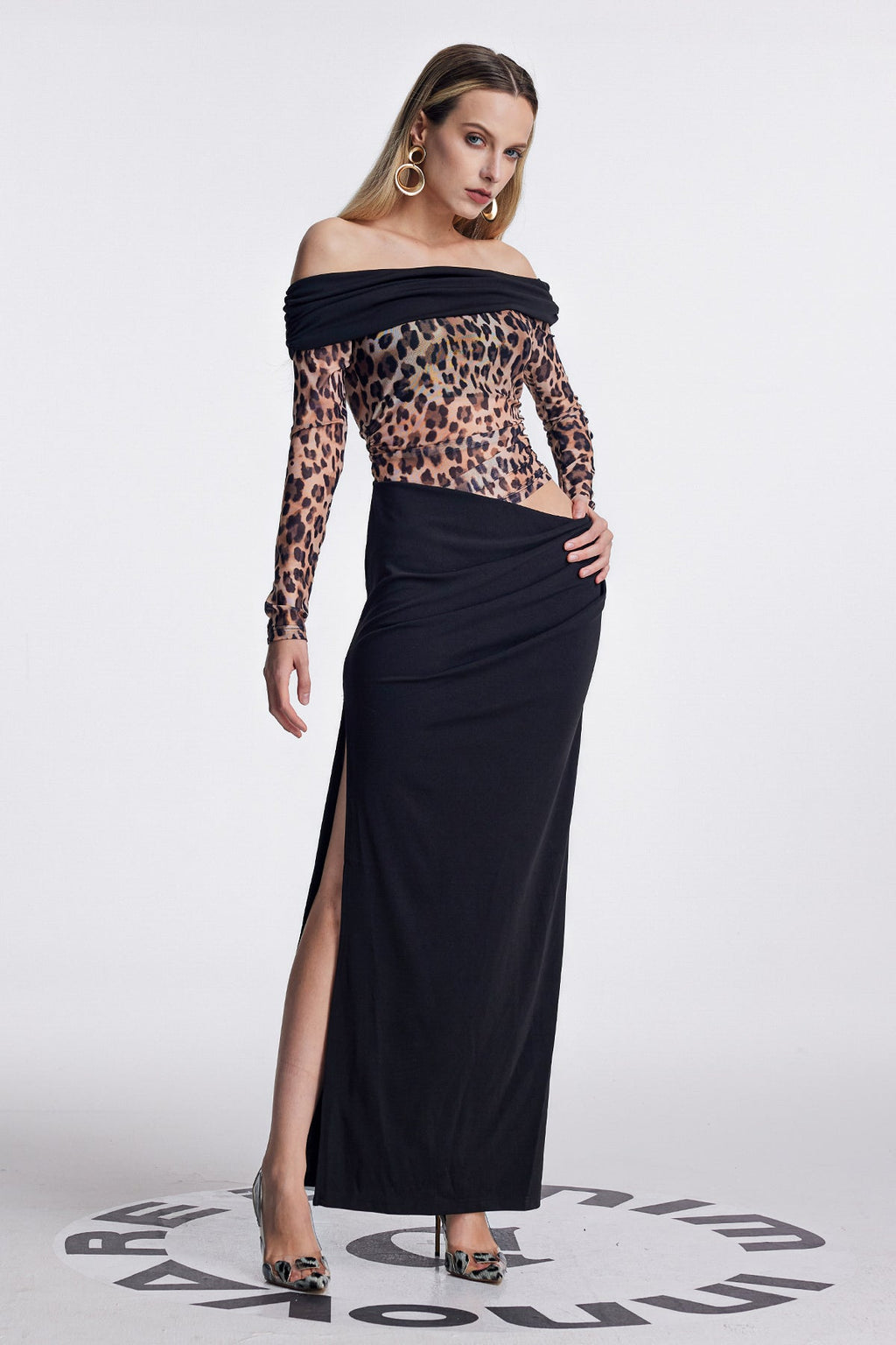 Amunet Off Shoulder Leopard Split Maxi Dress