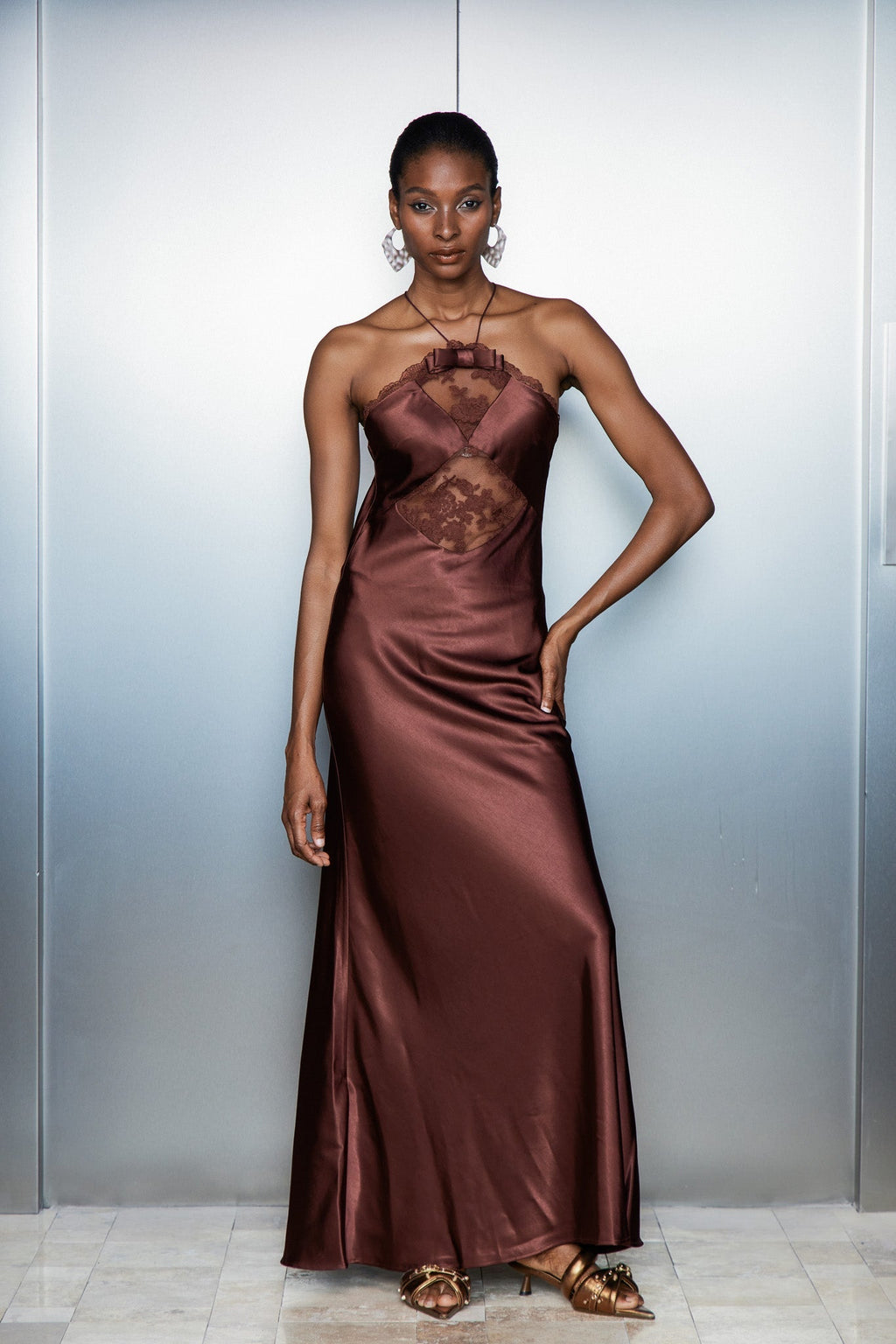 Anevay Lace Halter Neck Satin Maxi Dress