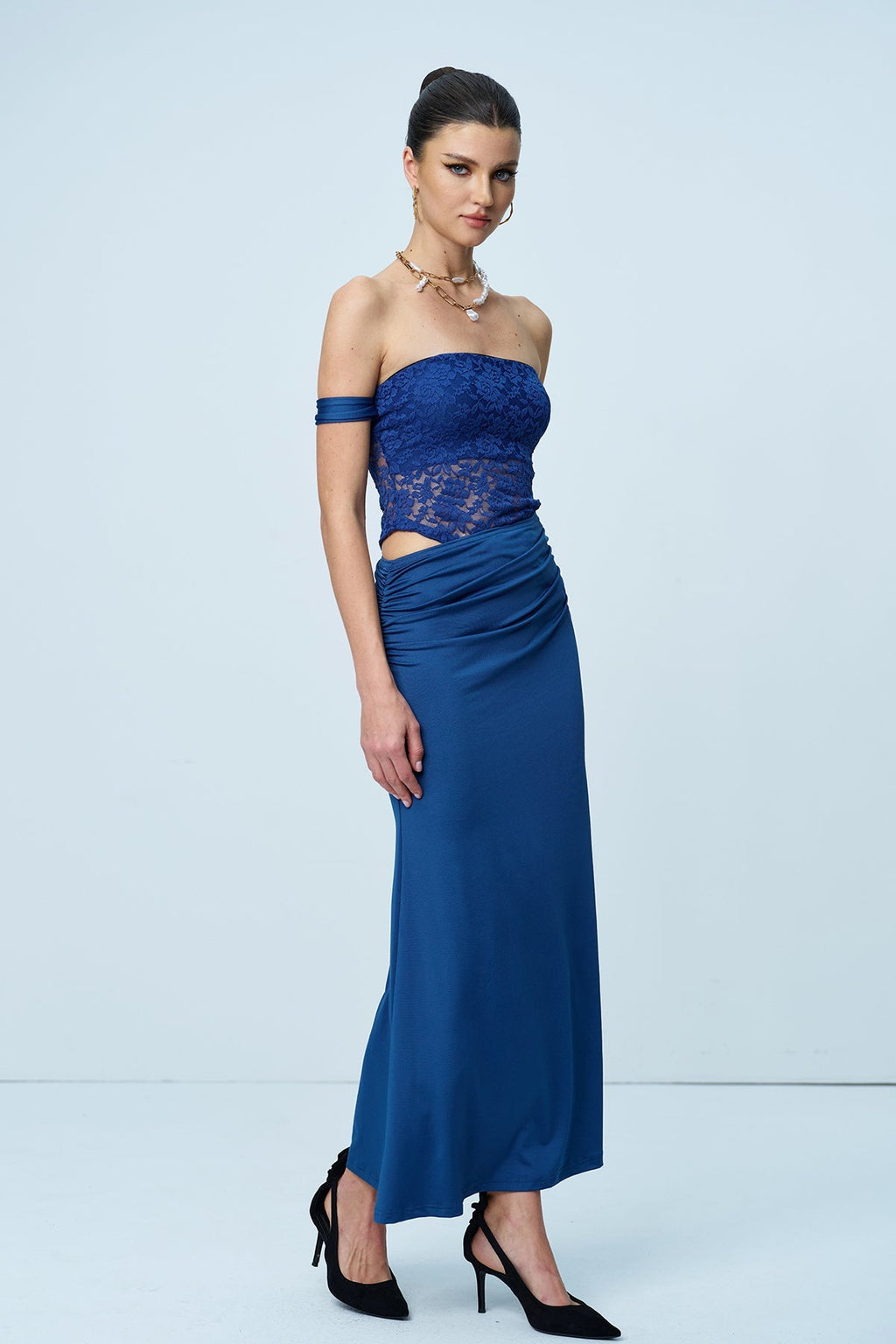 Aniol Strapless Lace Ruch Maxi Dress