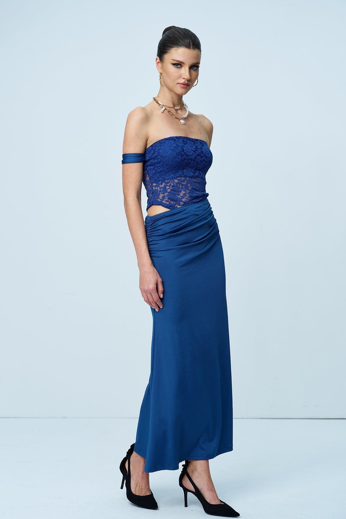 Aniol Strapless Lace Ruch Maxi Dress