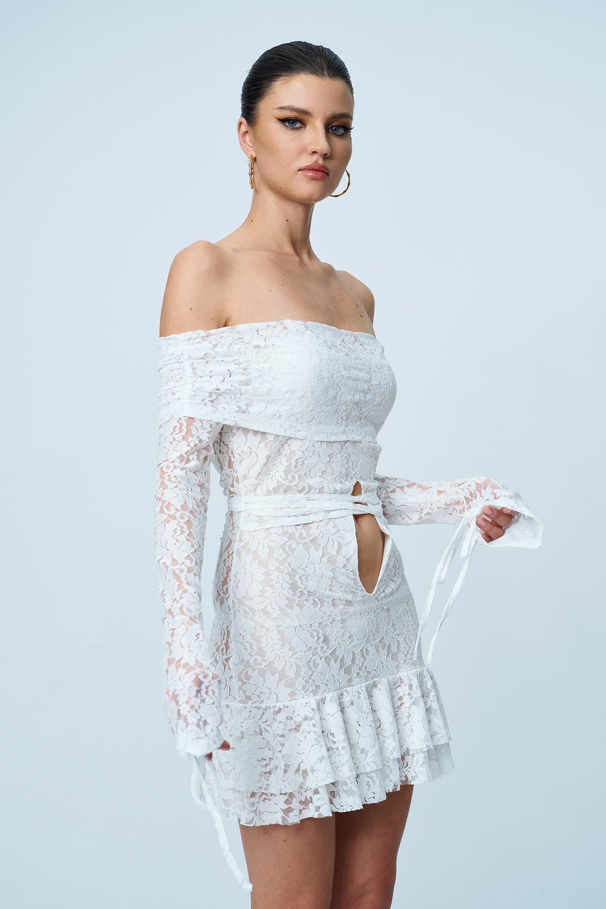 Annabelle Lace Ruffle Lace Up Cutout Mini Dress