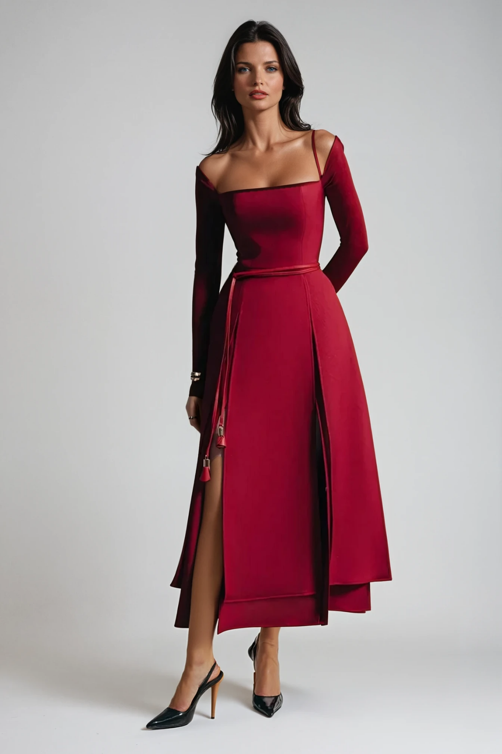 Annelien Lace Up Split Maxi Dress In Red
