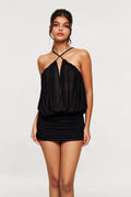 Apphia Mesh Plunge Ruch Backless Mini Dress In Black