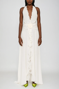 Aradhya Flower Ruffle Halter Neck Mesh Maxi Dress In White
