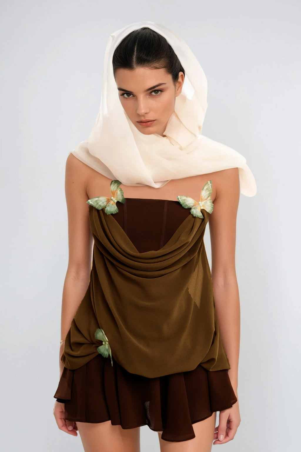 Ardelis Strapless Butterfly Mesh Ruffle Mini Dress