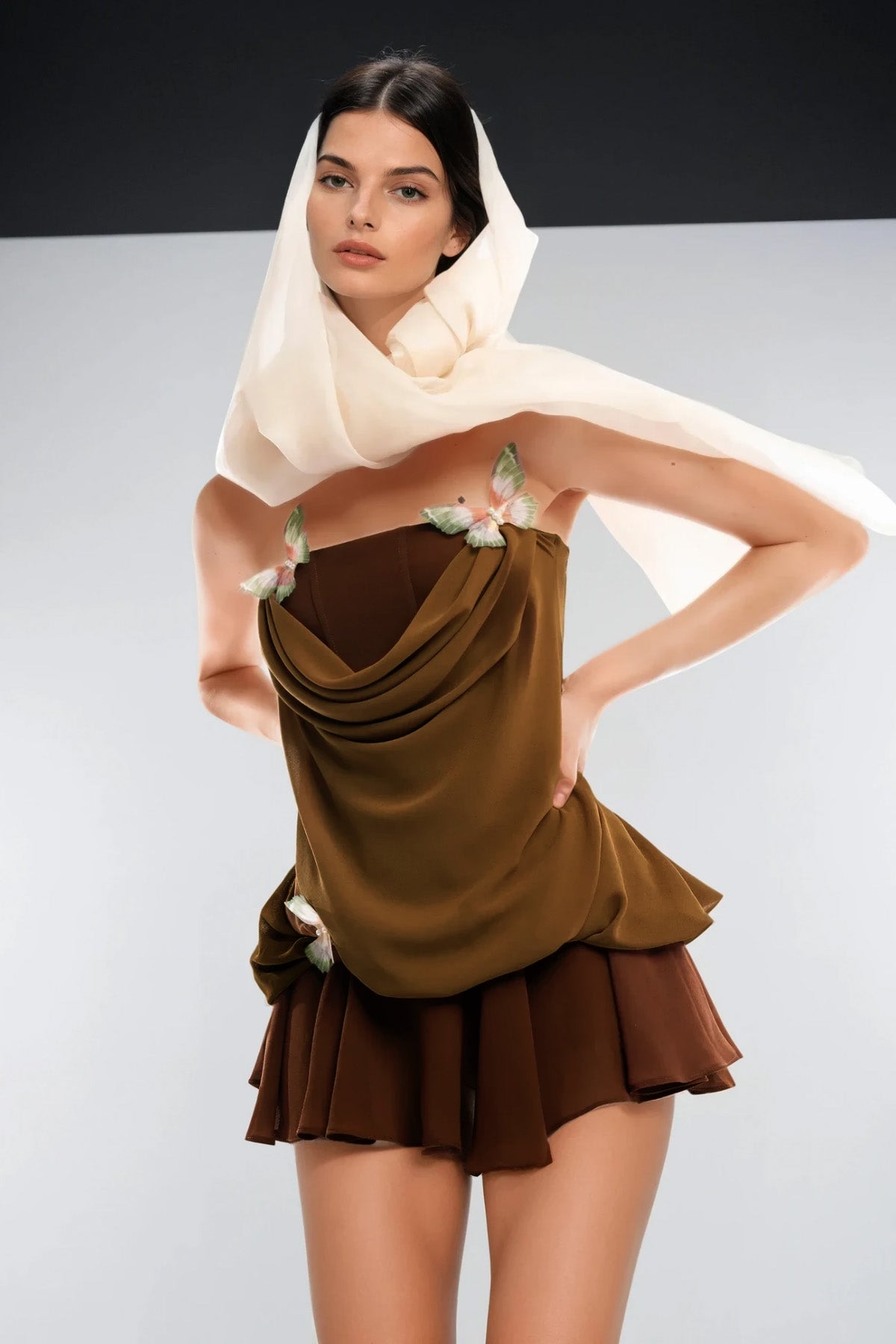 Ardelis Strapless Butterfly Mesh Ruffle Mini Dress