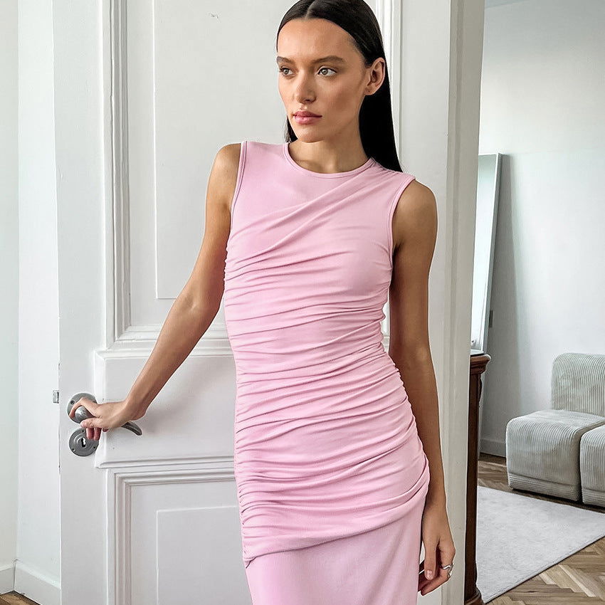 Pajamas Sleeveless Pleated Maxi Dress Pink Knitted Slim Fit Ladies Homewear