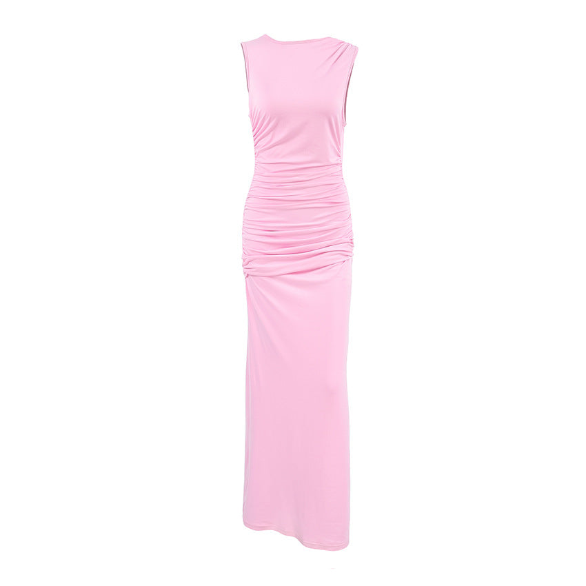 Pajamas Sleeveless Pleated Maxi Dress Pink Knitted Slim Fit Ladies Homewear