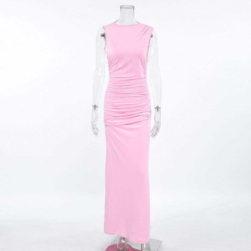 Pajamas Sleeveless Pleated Maxi Dress Pink Knitted Slim Fit Ladies Homewear