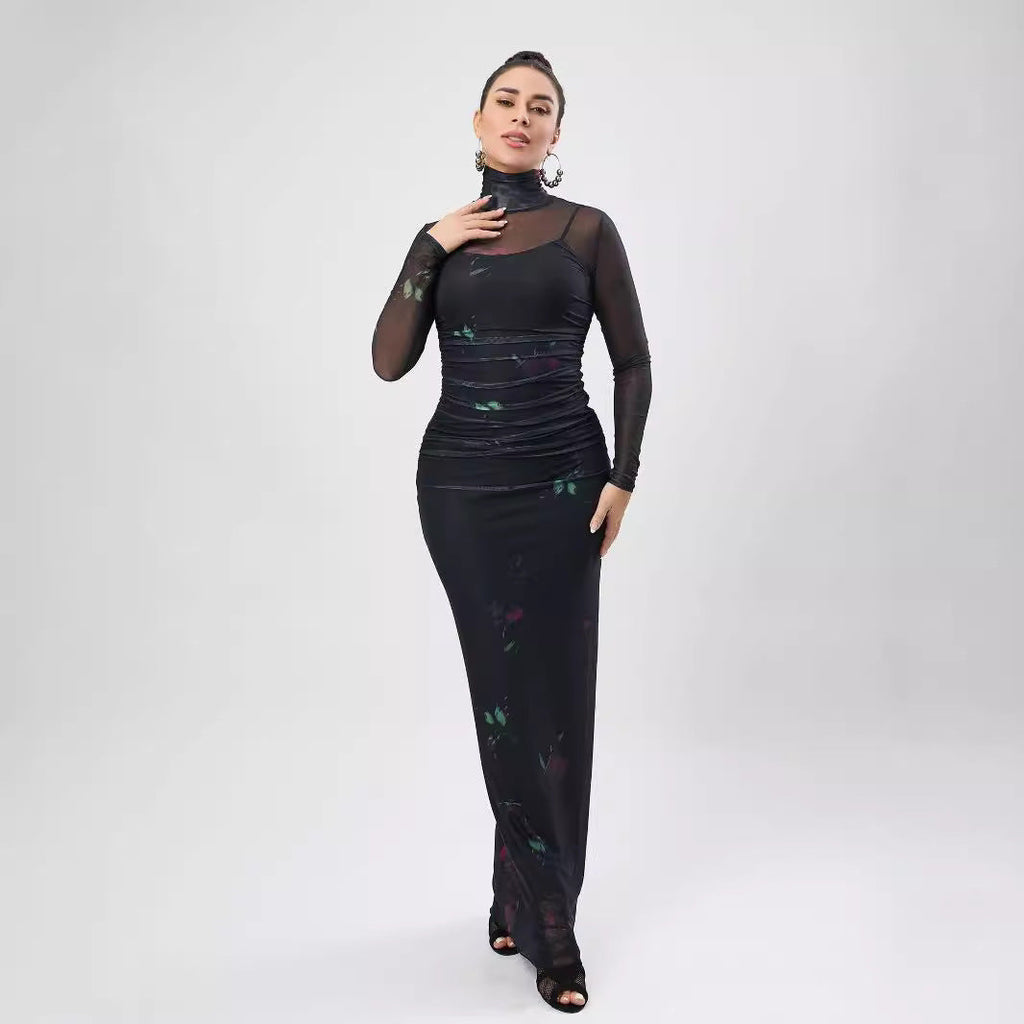 Printed Mesh See Through Dress Turtleneck Long Sleeve Spaghetti Strap Two Piece Maxi Dress