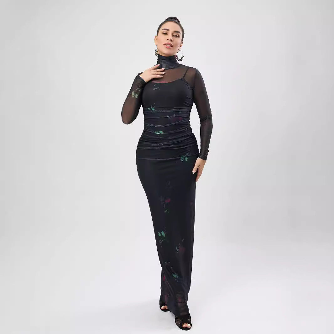 Printed Mesh See Through Dress Turtleneck Long Sleeve Spaghetti Strap Two Piece Maxi Dress
