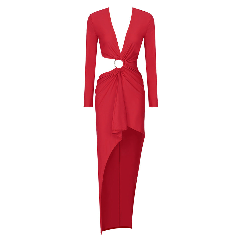 Red Deep V Plunge Side Opening Metal Ring Maxi Dress Black Christmas