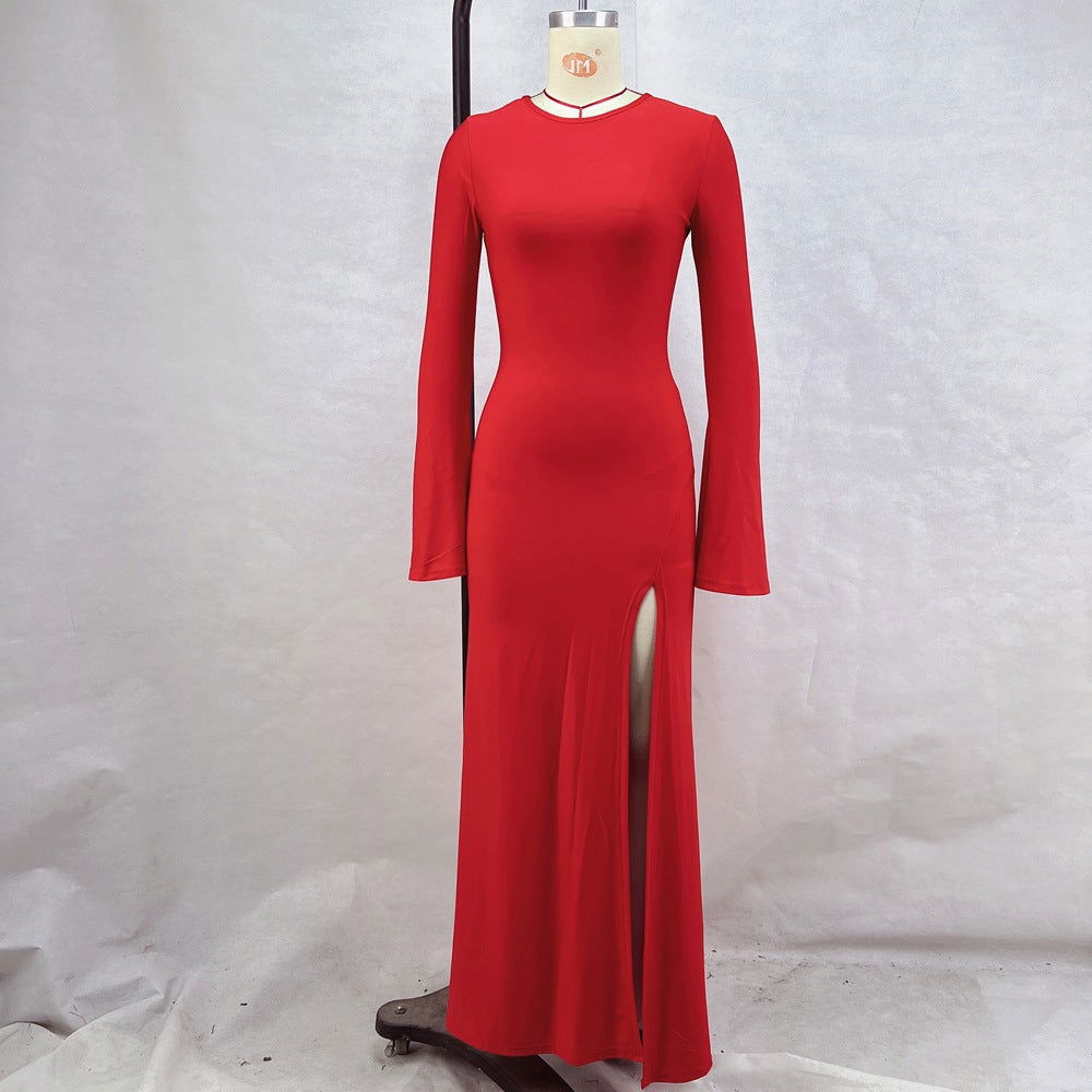 Slim Fit Graceful Long Sleeve Split Maxi Dress
