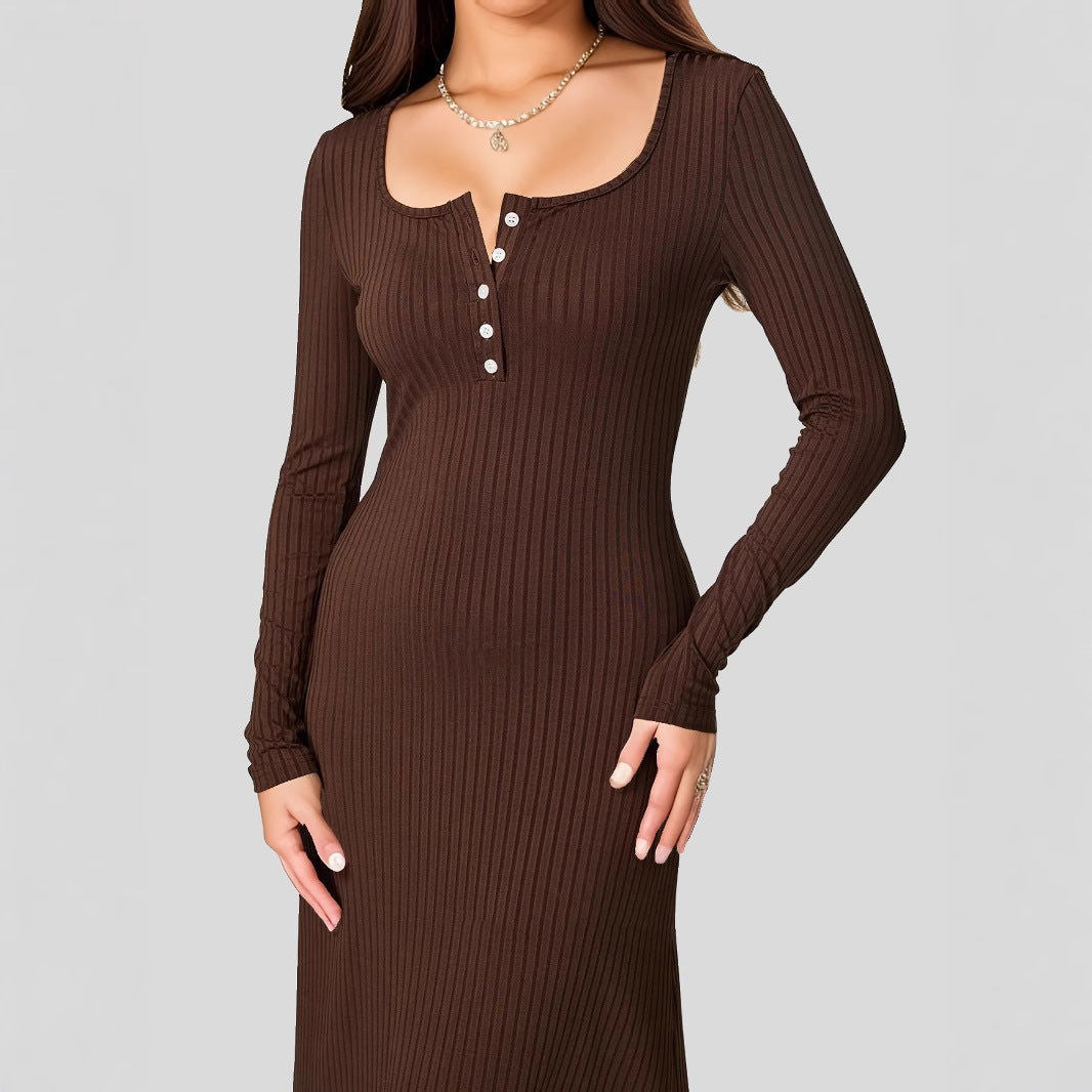 Button Square Collar Long Sleeve Elegant Wide Hem Maxi Dress