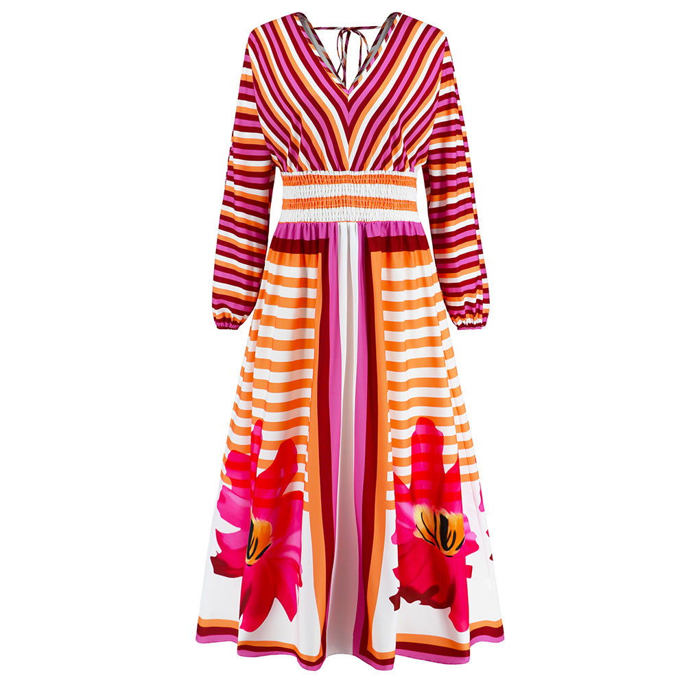 Long Sleeve V Neck Swing A Line Printed Dress Slim Retro Maxi Dress