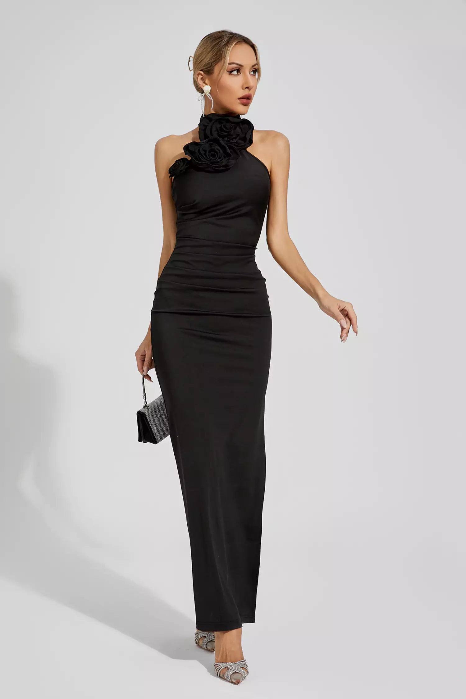 Aylin Black Floral Ruched Halter Maxi Dress
