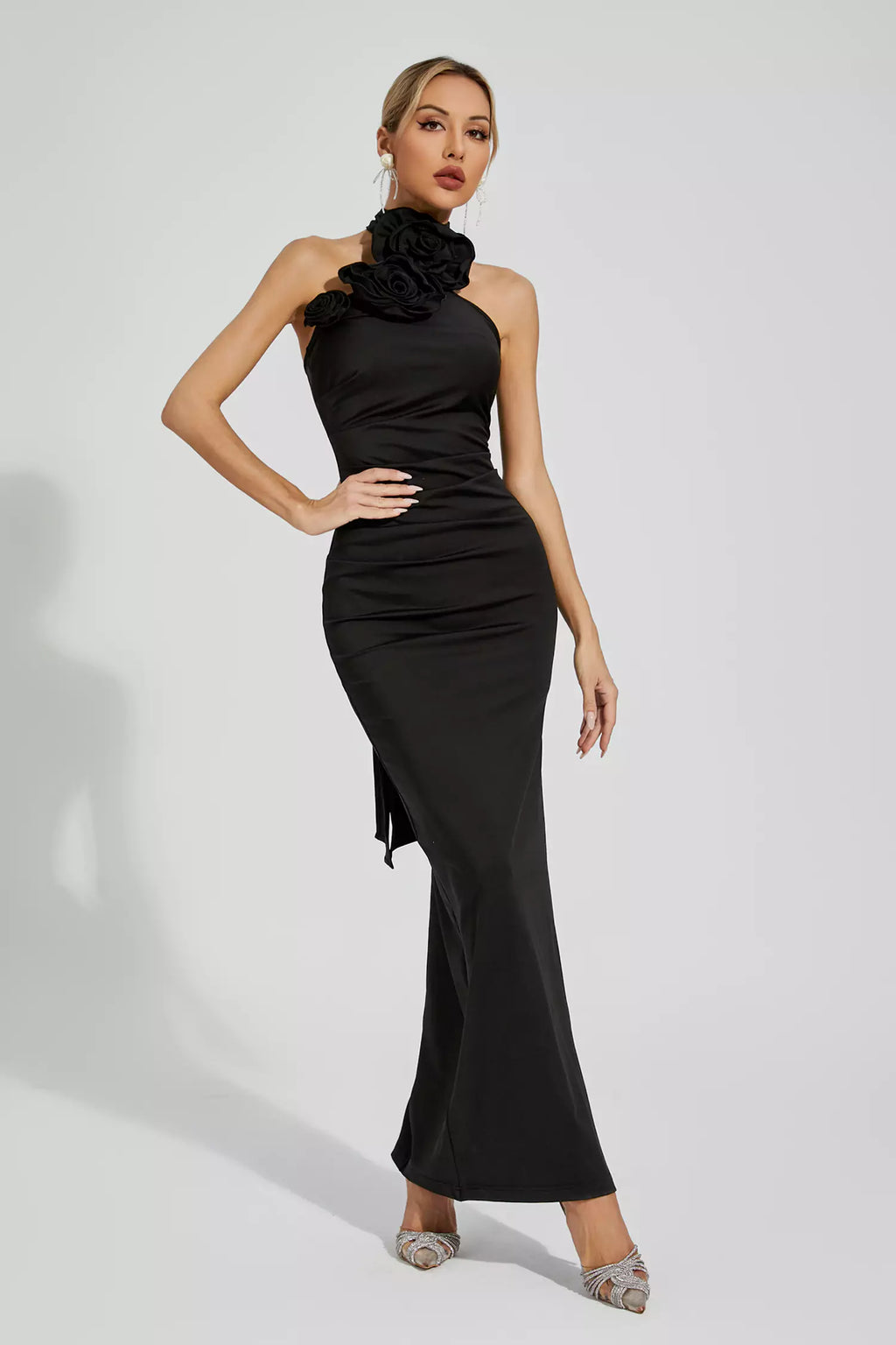 Aylin Black Floral Ruched Halter Maxi Dress