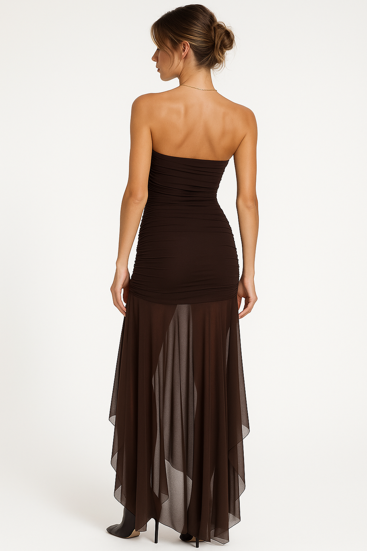 Nocturne Strapless Sheer Panel Maxi Dress | Ruched Bodice | Fluid Hem