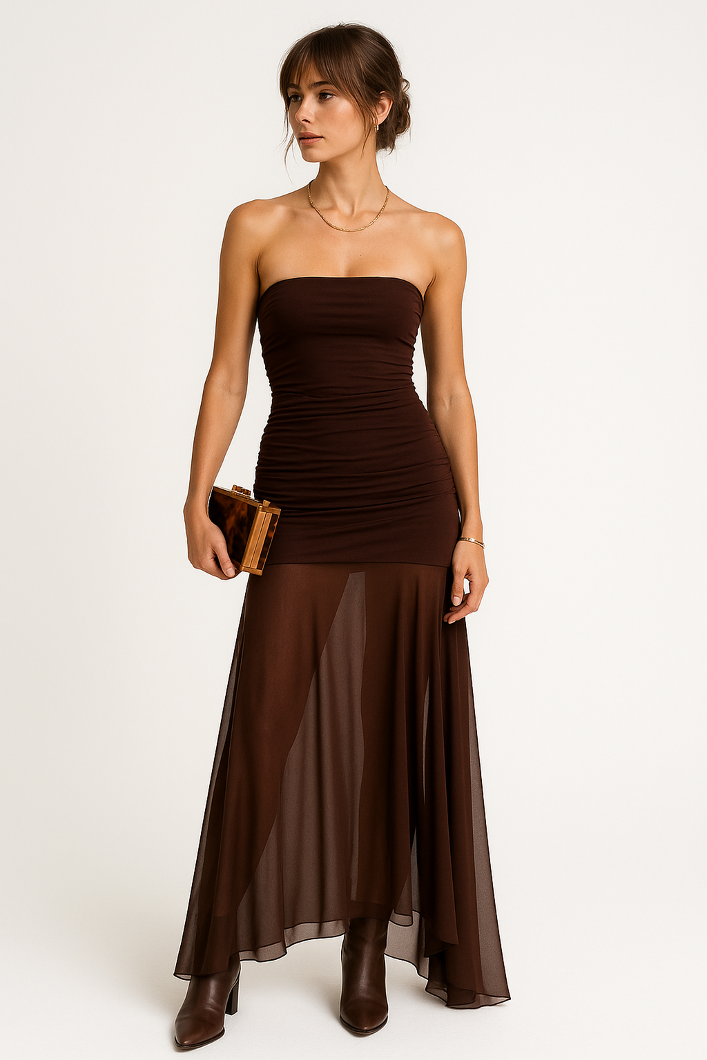 Nocturne Strapless Sheer Panel Maxi Dress | Ruched Bodice | Fluid Hem