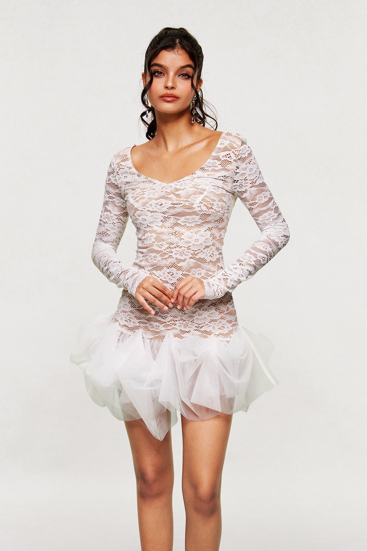 Barun Lace Mesh V Neck Mini Dress
