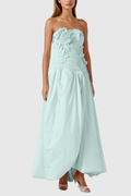 Batsheva Strapless Flower Ruch Puffy Maxi Dress In Green