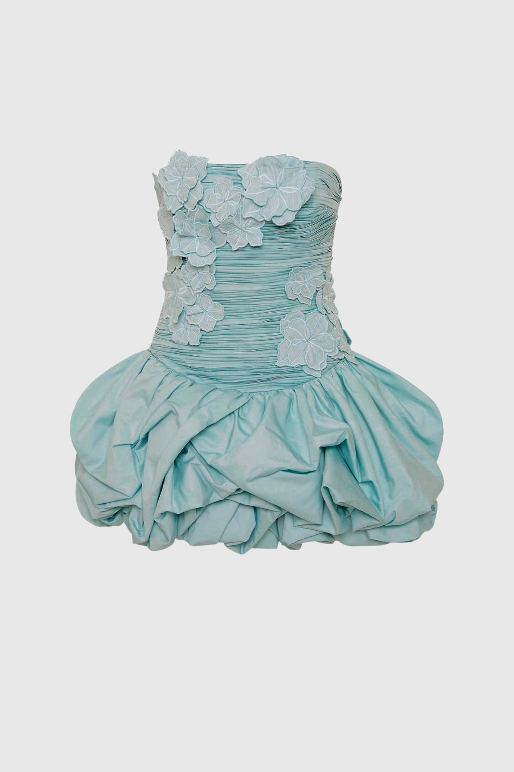 Batsheva Strapless Flower Ruch Puffy Mini Dress