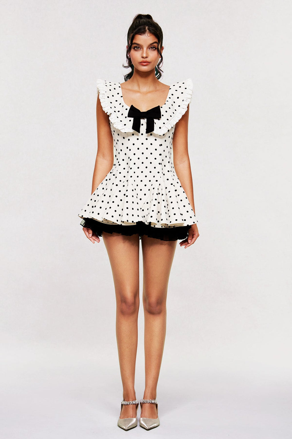 Bede Dot Plunge Lace Ruffle Mini Dress