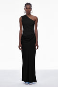 Beres One Shoulder Satin Maxi Dress In Black