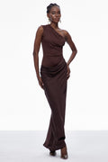 Beres One Shoulder Satin Maxi Dress In Brown