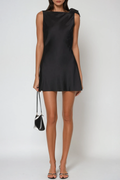 Berit Satin Flower Strap Mini Dress In Black