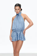 Bernique Halter Neck Ruch Ruffle Mini Dress In Blue