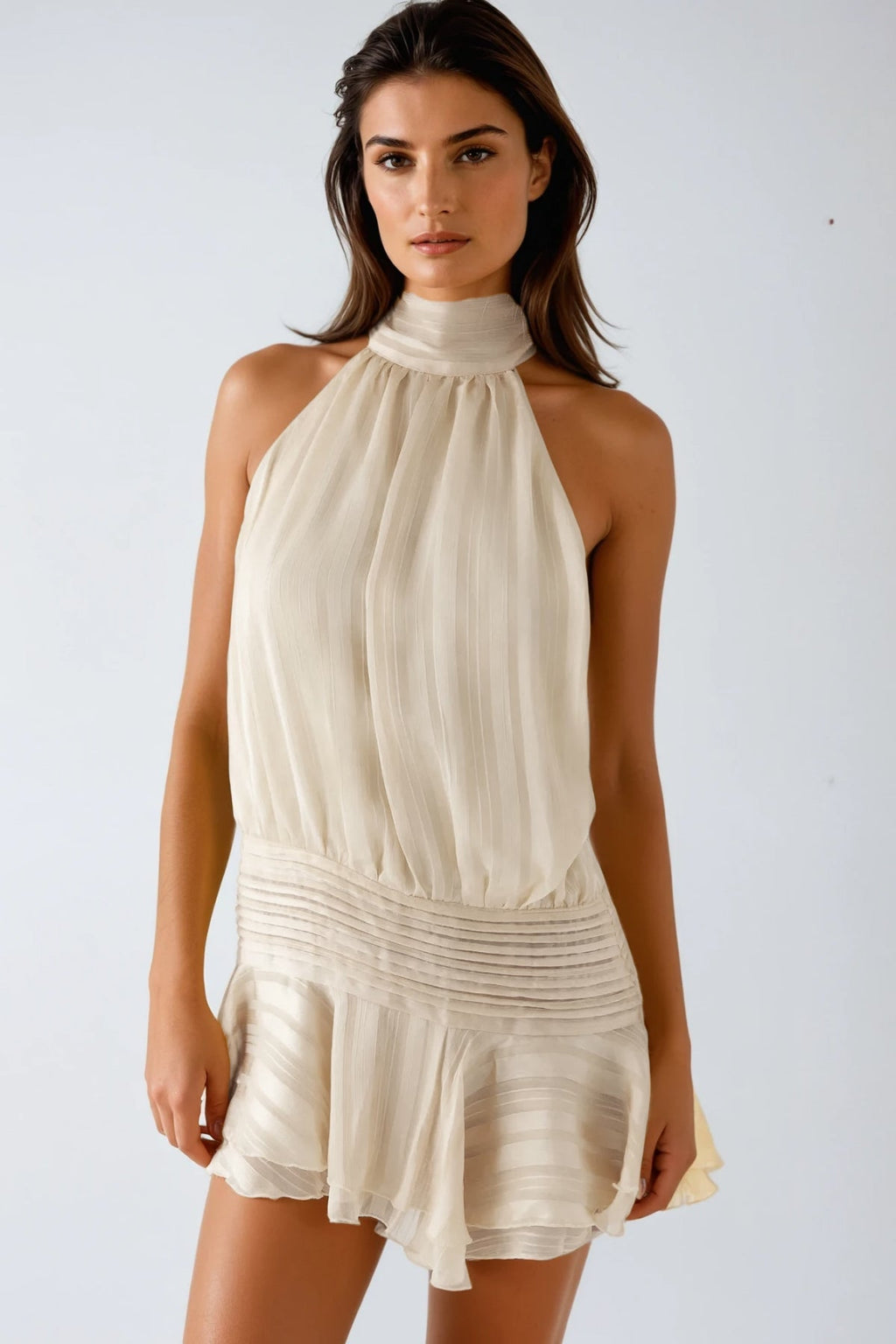 Bernique Halter Neck Ruch Ruffle Mini Dress