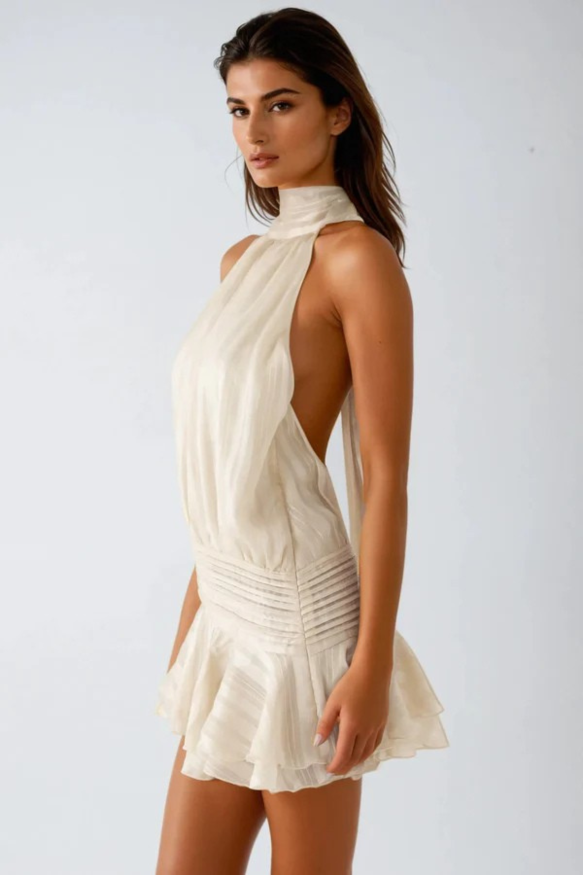 Bernique Halter Neck Ruch Ruffle Mini Dress