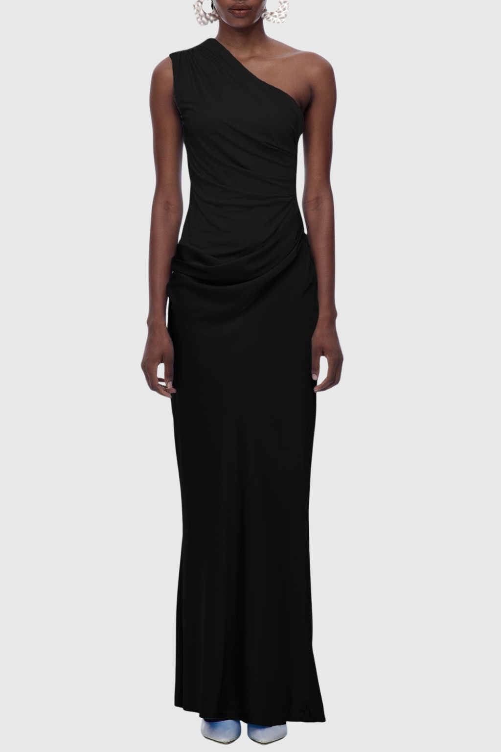Bertala One Shoulder Satin Ruched Maxi Dress - Black