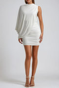 Beryl Asymmetric Shawl Ruched Mini Dress In White