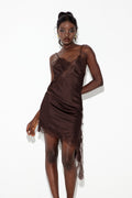 Bess Lace Asymmetric Mini Dress In Brown