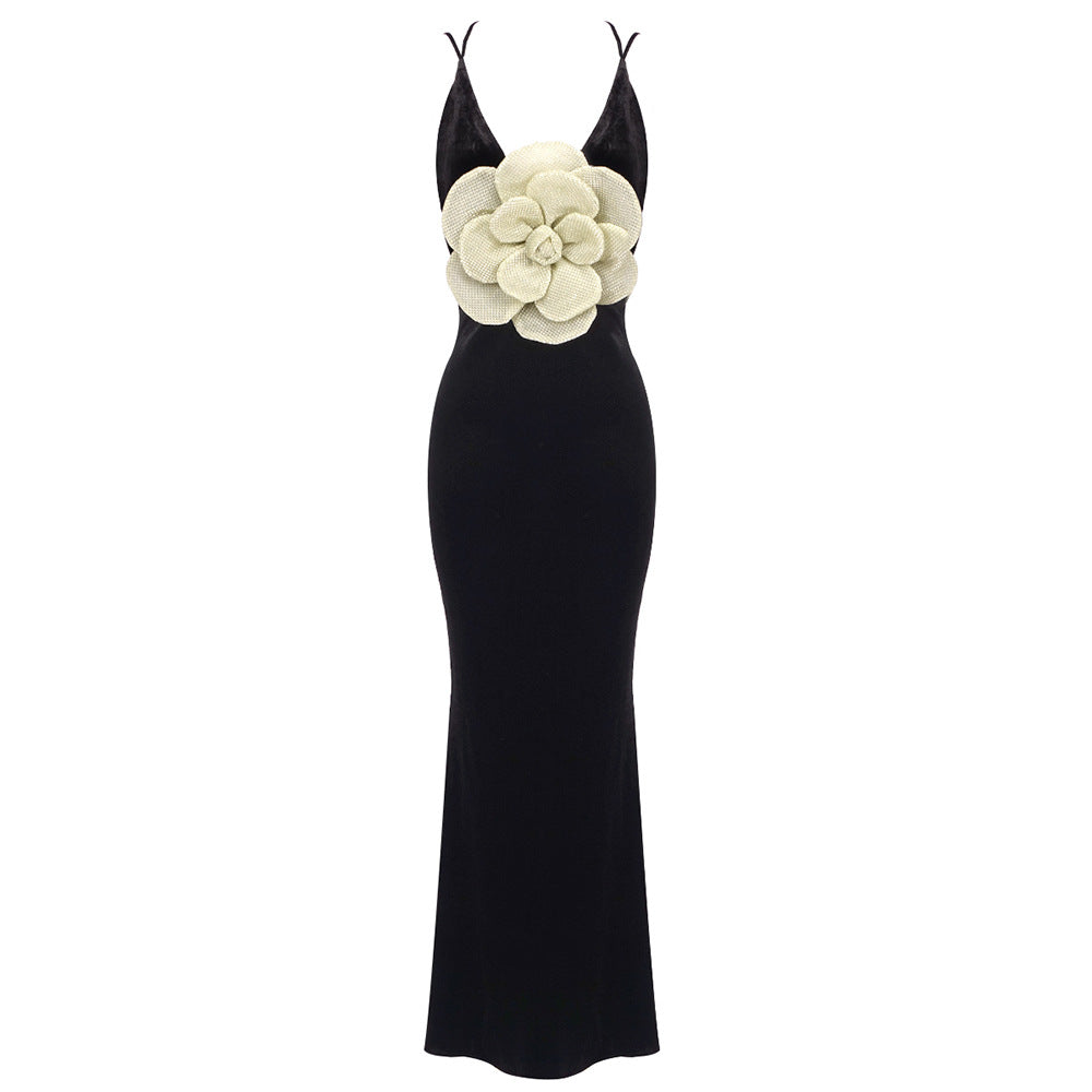 Black Camisole Backless Slim Fit Golden Floral Dress Maxi Dress Dress Batch