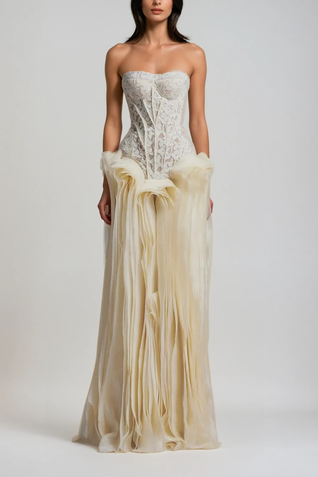 Blerta Strapless Corset Mesh Maxi Dress