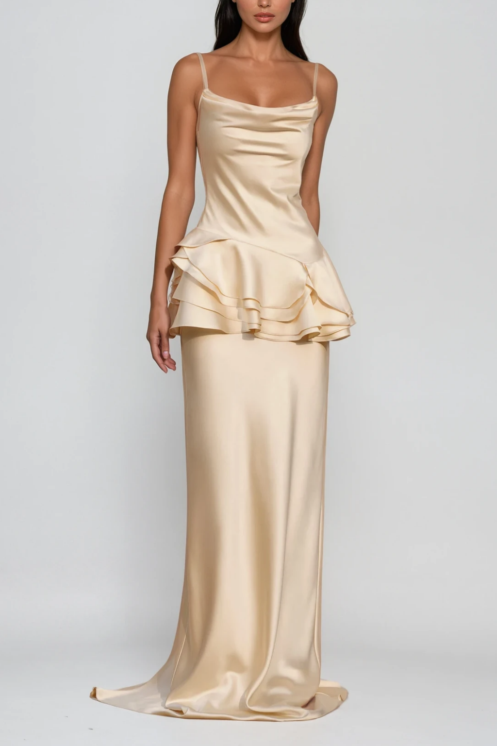 Boudica Cow Neck Ruffle Satin Maxi Dress