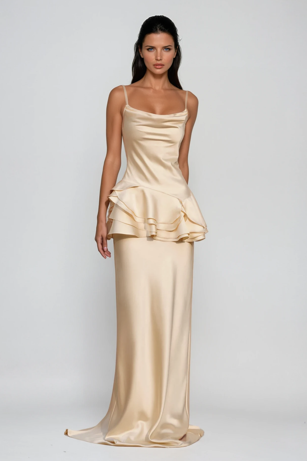 Boudica Cow Neck Ruffle Satin Maxi Dress