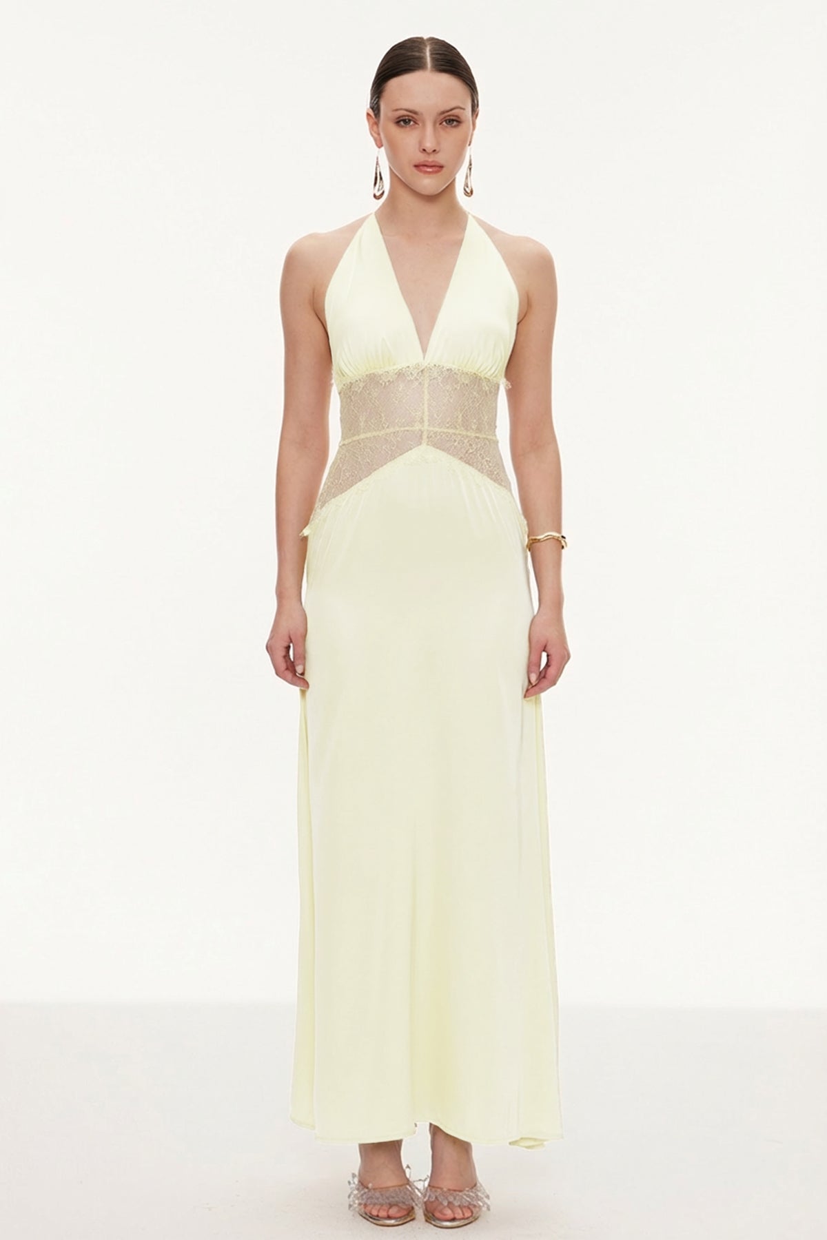 Bowie Lace Plunge Backless Maxi Dress In Butter Yellow