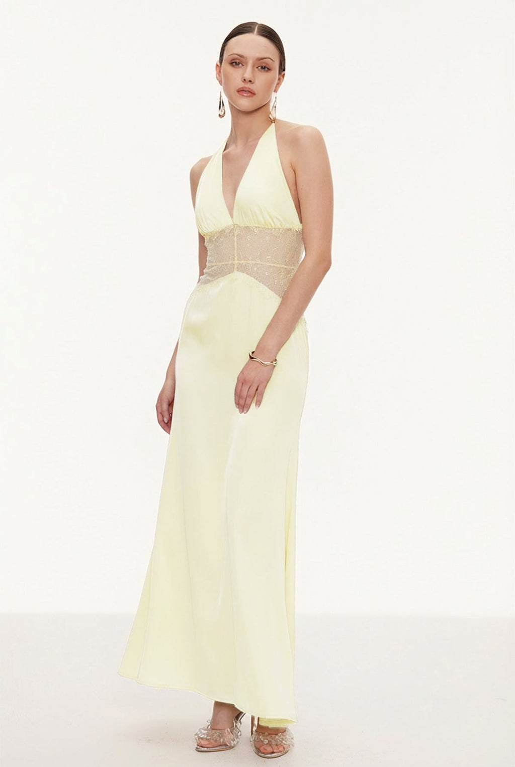 Bowie Lace Plunge Backless Maxi Dress In Butter Yellow