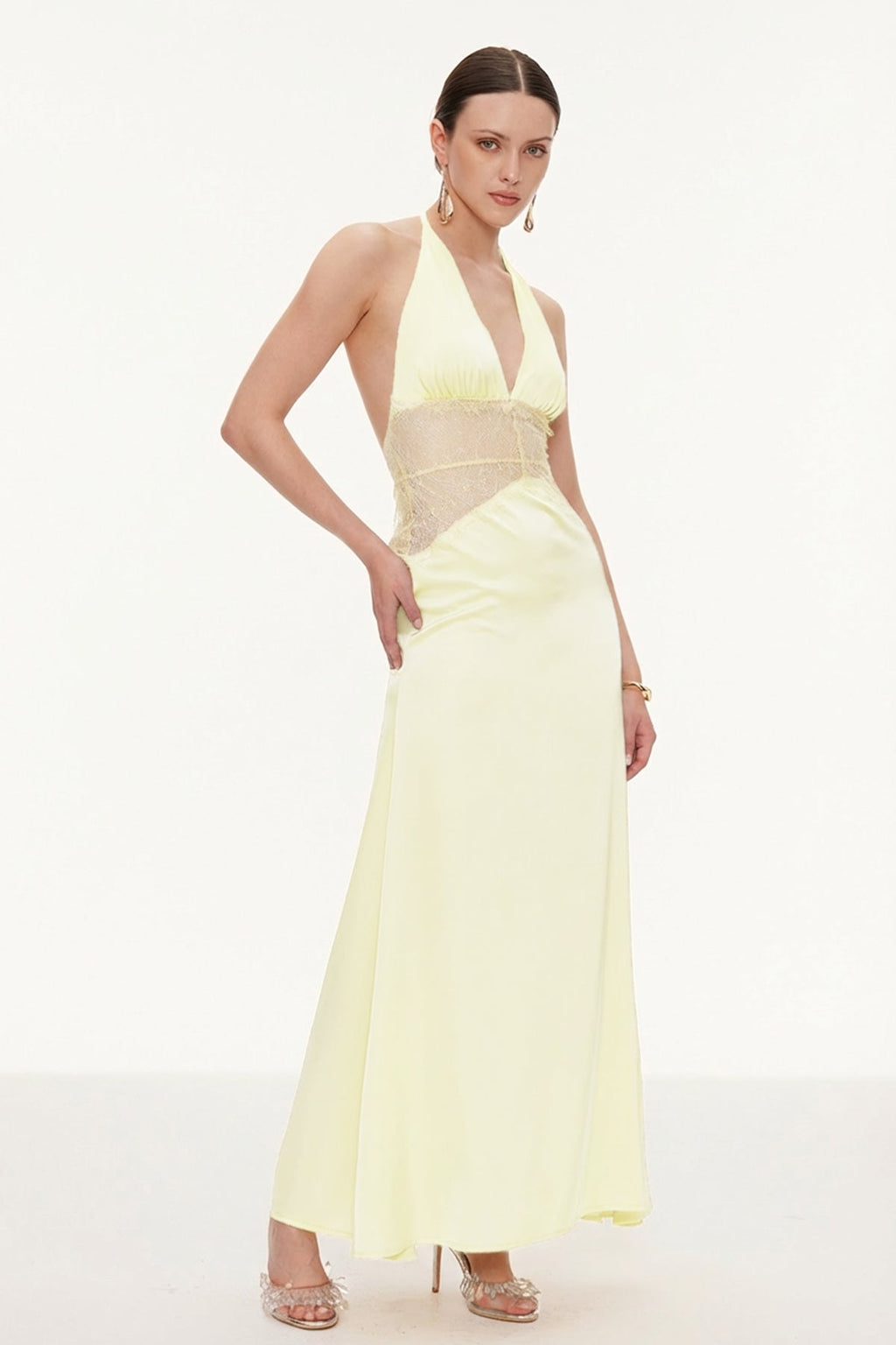 Bowie Lace Plunge Backless Maxi Dress In Butter Yellow