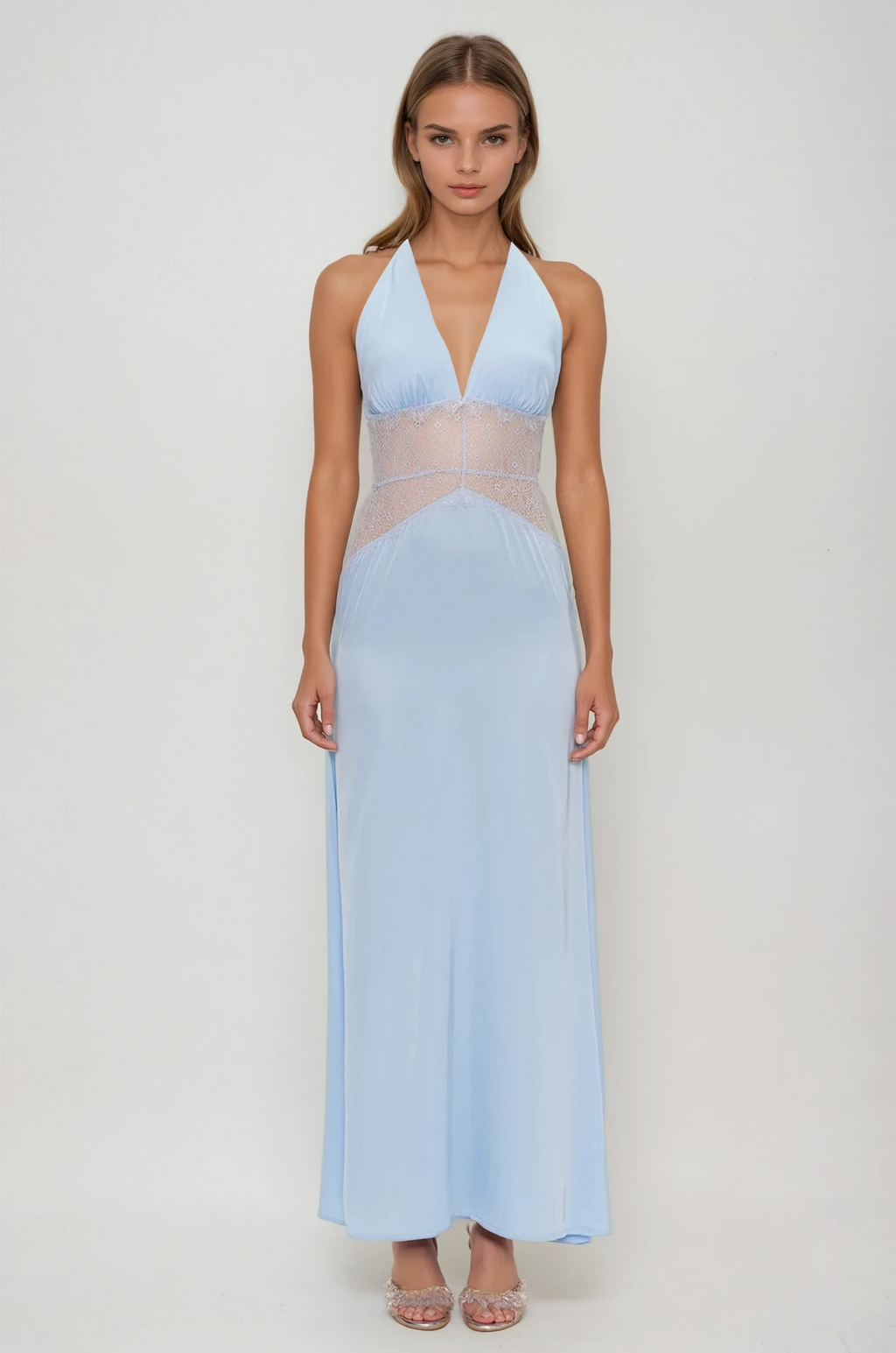 Bowie Lace Plunge Backless Maxi Dress In Blue