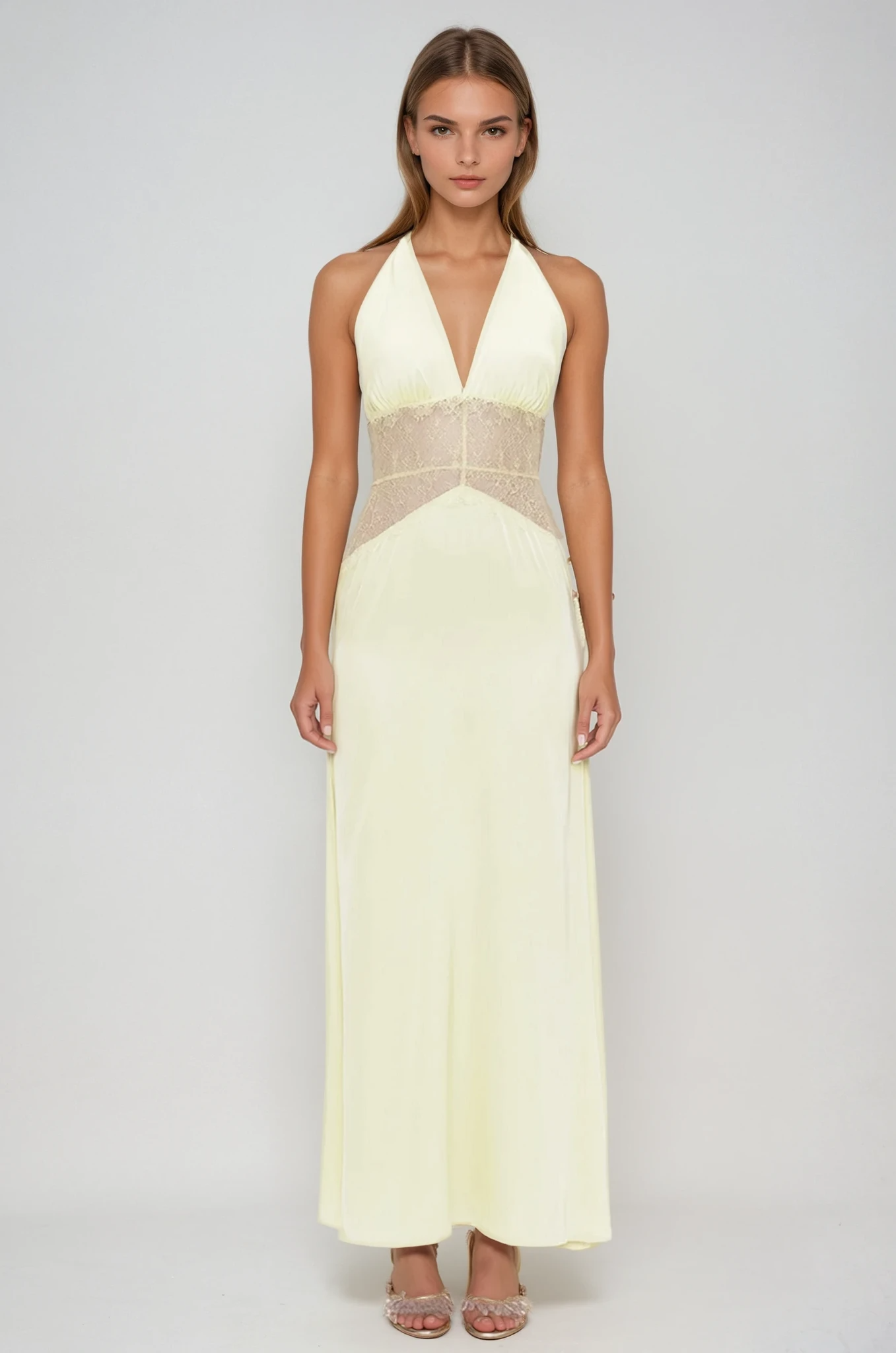 Bowie Lace Plunge Backless Maxi Dress In Butter Yellow