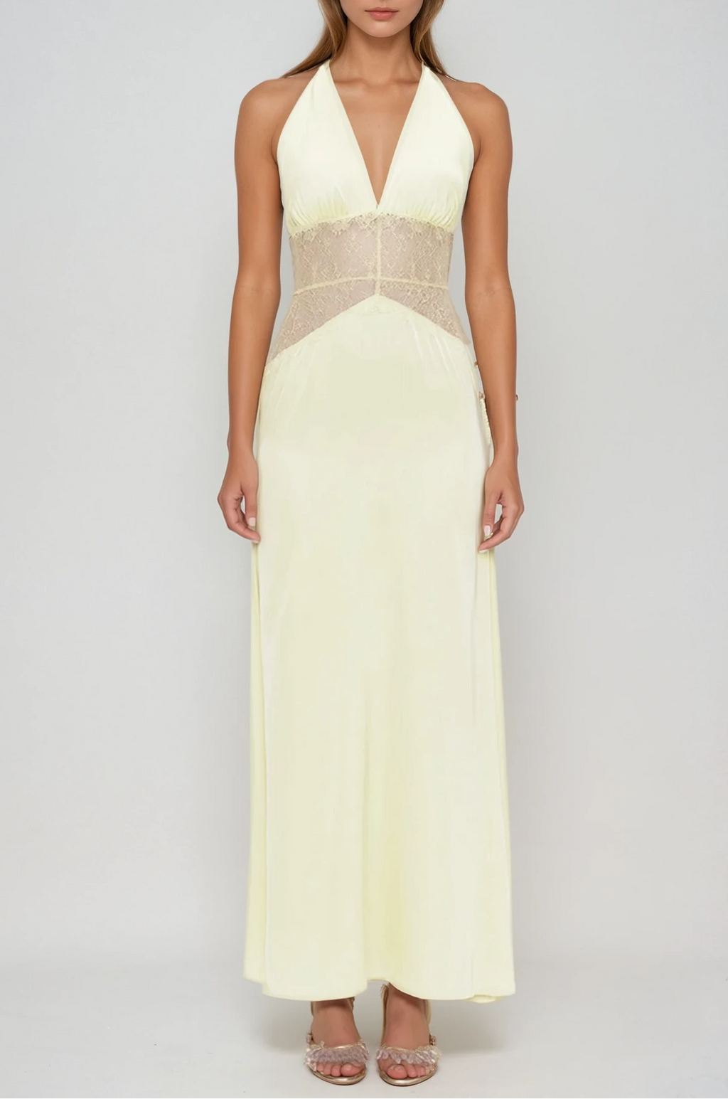 Bowie Lace Plunge Backless Maxi Dress In Butter Yellow